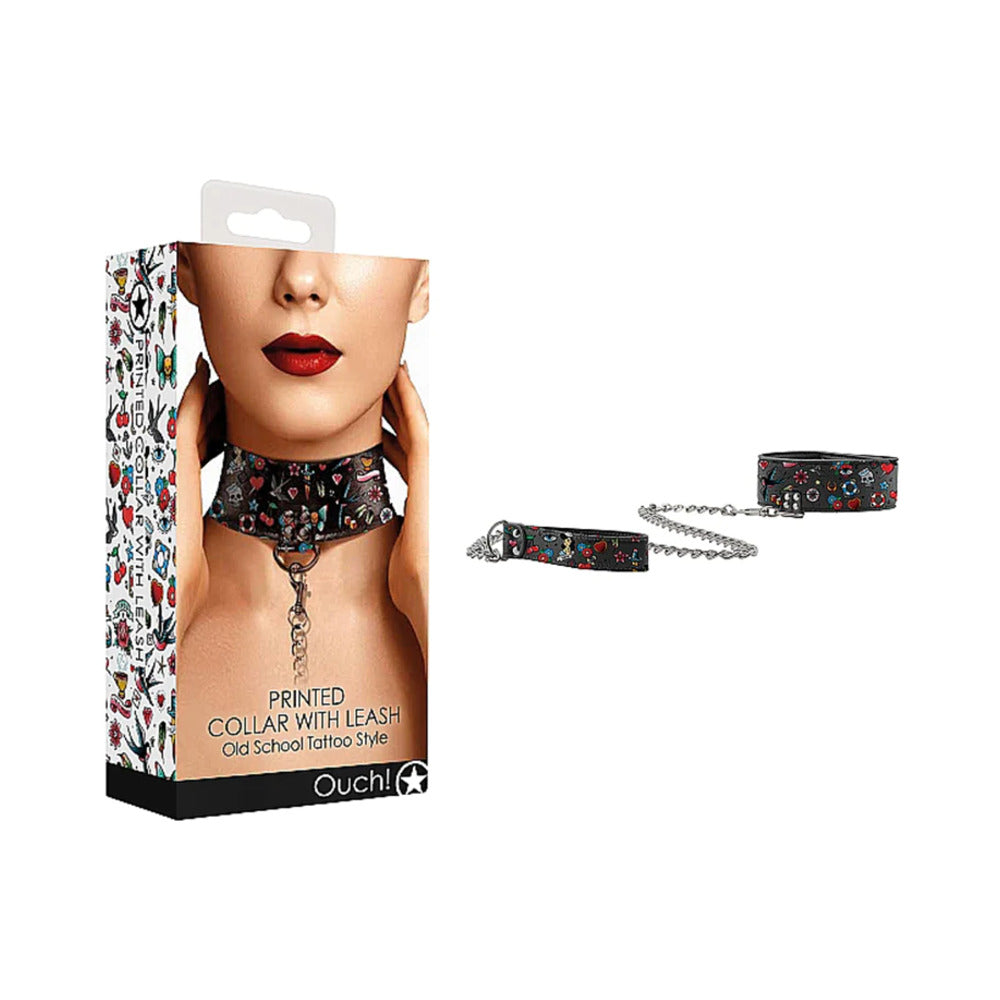 Ouch! Tattoo Style Adjustable Printed Collar With Leash Multi-Color