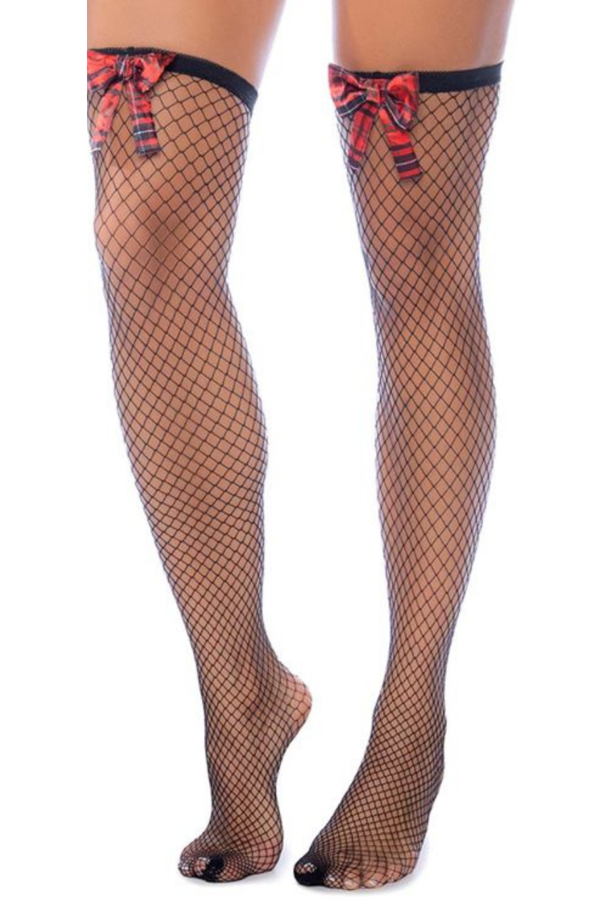 Diamond Fishnet Thigh Highs with Plaid Bows