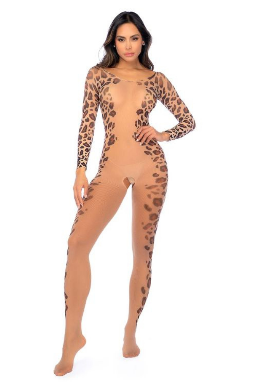 Long Print Sleeve Leopard Mesh Bodystocking