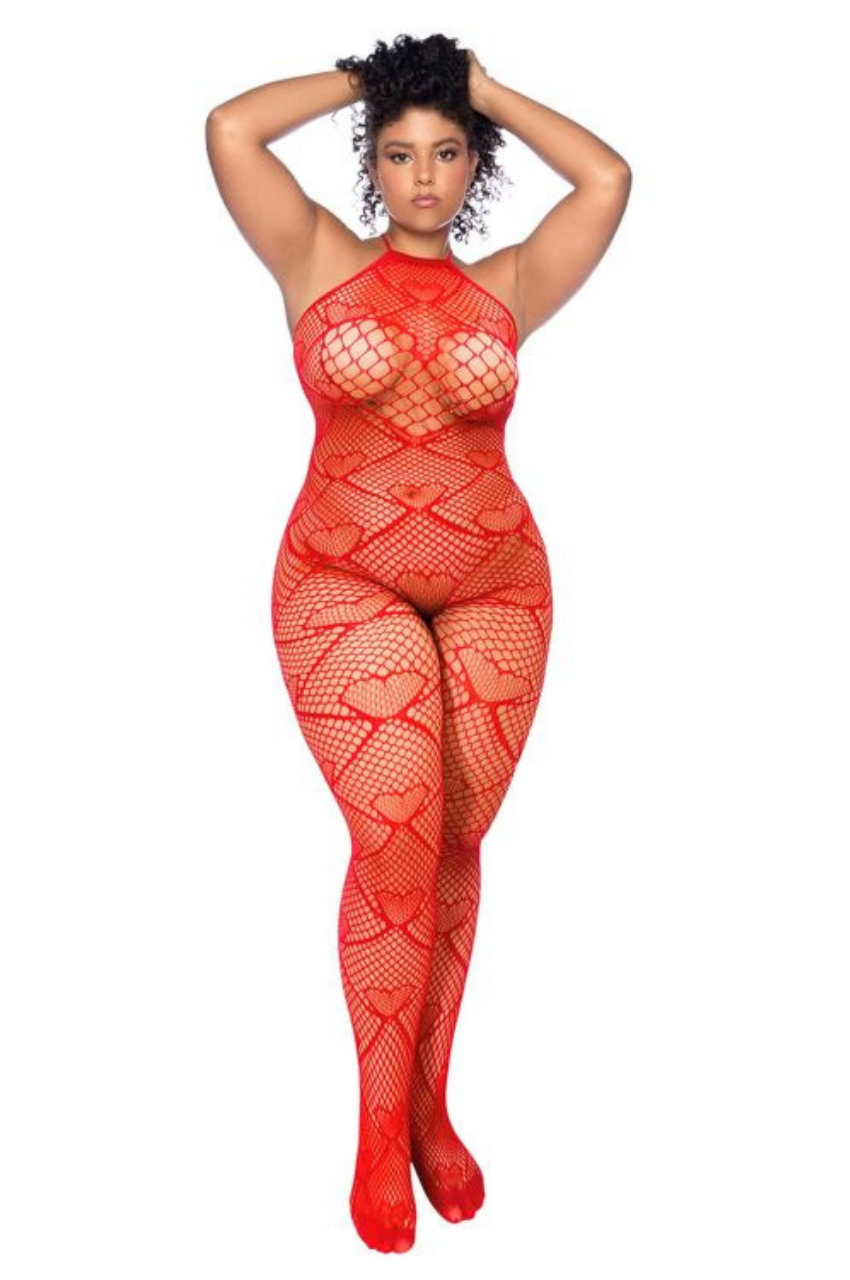 Heart Fishnet Bodystocking with Rhinestone Detail