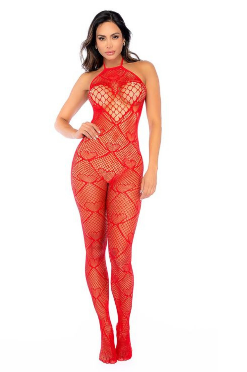 Heart Fishnet Bodystocking with Rhinestone Detail
