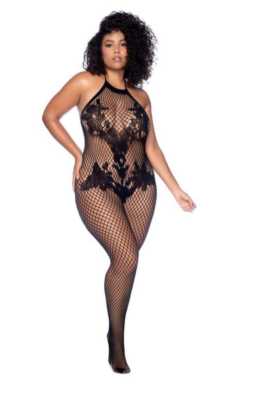 Halter And Crotchless Floral Bodystocking