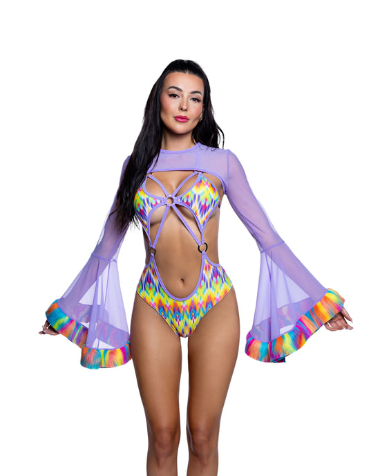 JR271 - Faux Fur Trimmed Mesh Shrug