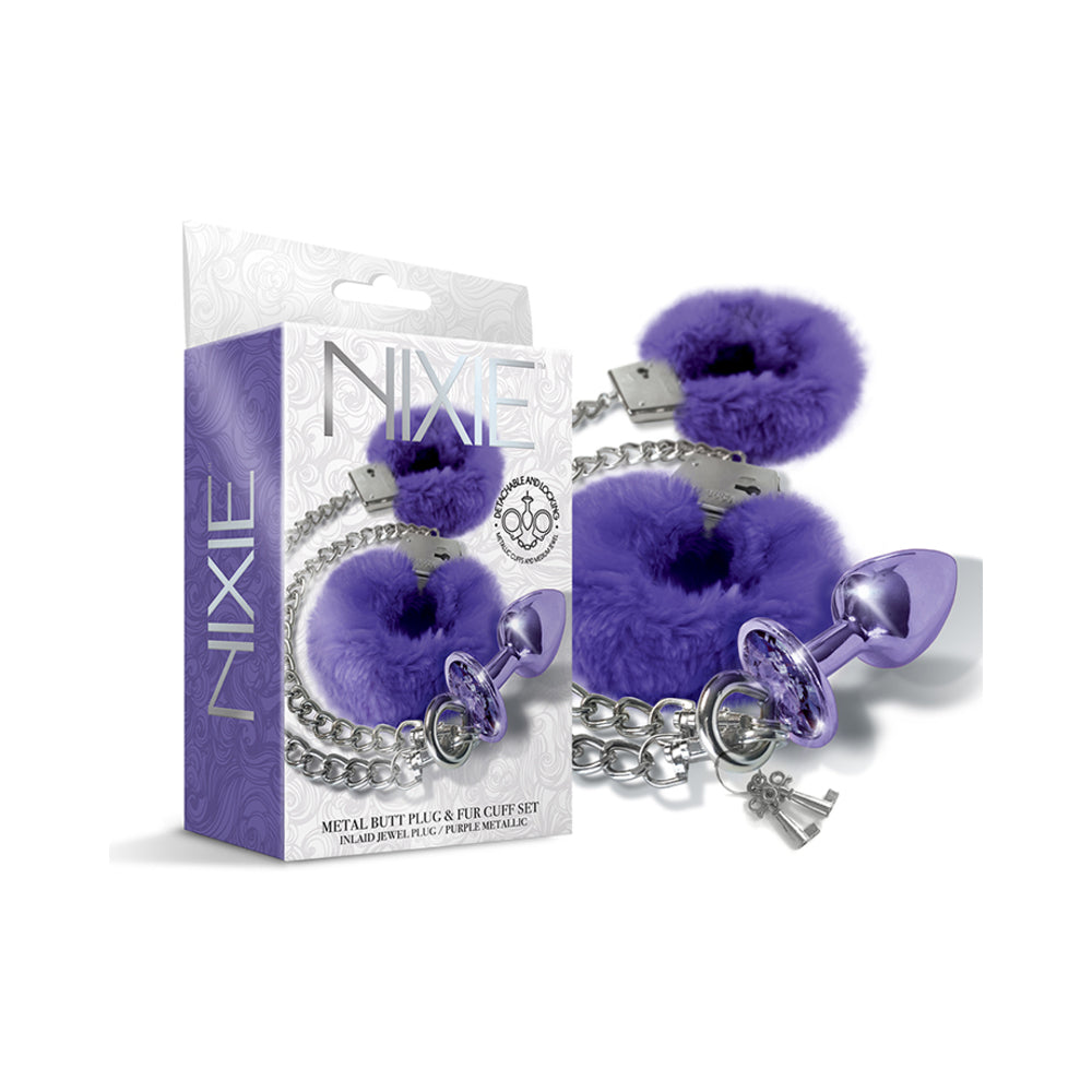 Metal Butt Plug & Furry Handcuff Set