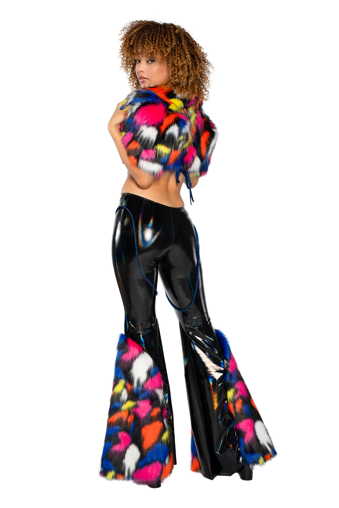 JR222 - Holo PVC/Faux Fur Bell-Bottom Pant